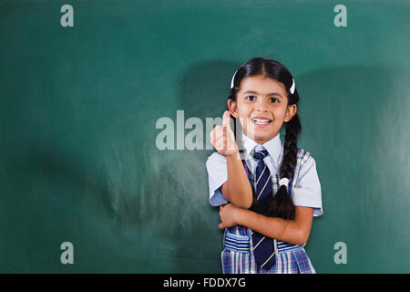 1 Person Only Classroom Girl Kid Showing Smiling Standing Student Success Thumbs Up Stock Photo