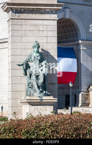 Peace sculpture by Alexander Stoddart at the Millennium Gate Museum in Atlanta, Georgia with French flag hanging in the archway. Stock Photo