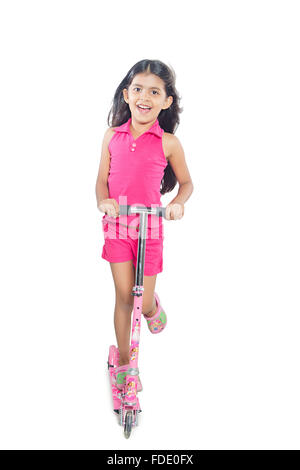 1 Person Only Excitement Fun Girl Kid Playful Push Scooter Ride Smiling Standing Stock Photo