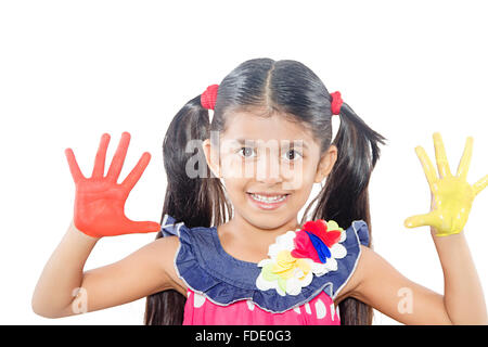 1 Person Only Girl Kid Mischief Paint Palm Red Showing Smiling Yellow Stock Photo