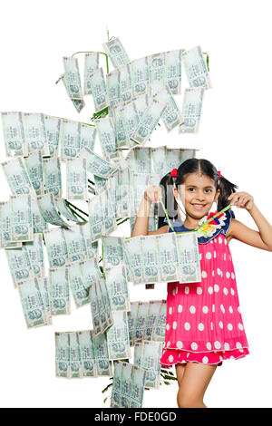 1 Person Only Banking and Finance Deposit Girl Kid Money Plant Rupees Showing Smiling Stock Photo