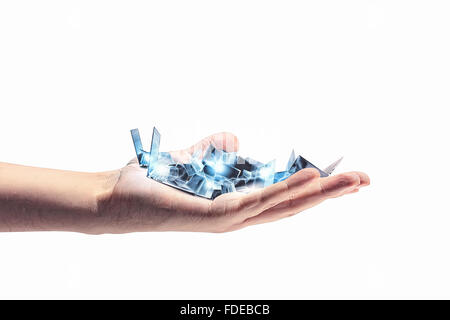Pile of laptops in human hand. Technology concept Stock Photo