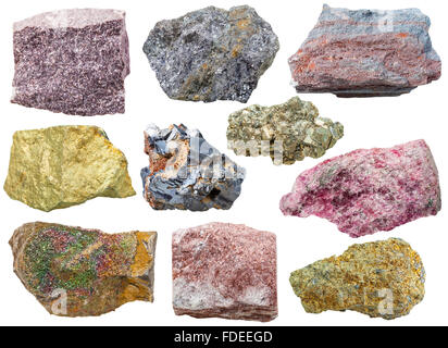 set of various glossy mineral rocks and stones - alunite, galena, ferruginous quartzite, Chalcopyrite, pyrite, eudialyte, aventu Stock Photo