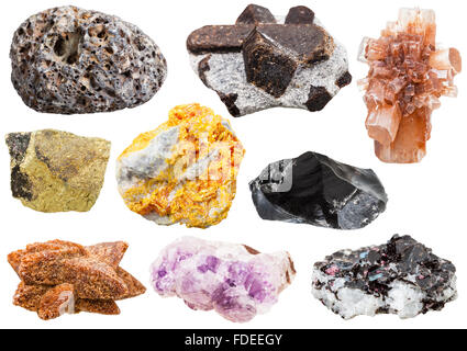 collection of various mineral crystals and stones - pumice, staurolite, Aragonite, Chalcopyrite, Orpiment, Obsidian, glendonite, Stock Photo