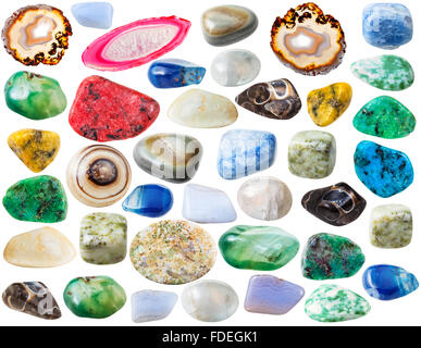 macro shooting of collection natural stones - various agate ( lace, blue, moss, banded, dendritic, moss , turitella, red, green, Stock Photo