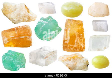 macro shooting of collection natural stones - various calcite gem stones isolated on white background Stock Photo