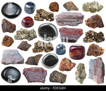 Ron Ore set of various Magnetite (iron ore) rocks isolated on white background ...