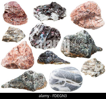 macro shooting of collection natural rock - various gneiss mineral stones and rocks isolated on white background Stock Photo