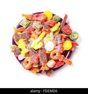 Colorful candy. Top view of gum drops in bowl isolated on white background. Object with clipping path Stock Photo