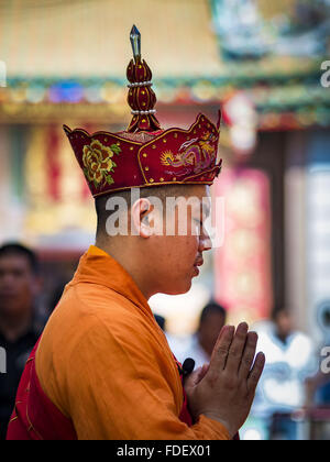 Bangkok, Bangkok, Thailand. 31st Jan, 2016. Mahayana Buddhist monks participate in a prayer service before Chinese New Year at Wat Mangon Kamlawat, the largest Mahayana (Chinese) Buddhist temple in Bangkok. Thailand has the largest overseas Chinese population in the world; about 14 percent of Thais are of Chinese ancestry and some Chinese holidays, especially Chinese New Year, are widely celebrated in Thailand. Chinese New Year, also called Lunar New Year or Tet (in Vietnamese communities) starts Monday February 8. The coming year will be the ''Year of the Monkey. (Credit Image: © Jack Kurtz Stock Photo