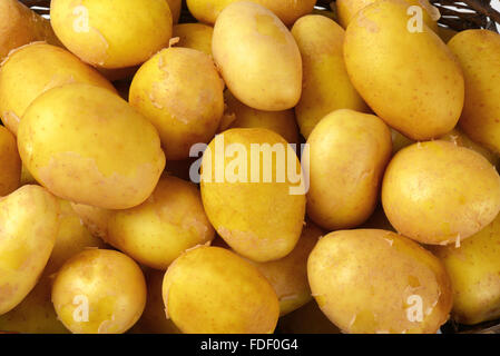 close up of fresh baby potatoes in wicker basket Stock Photo