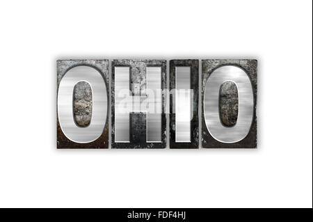 The word 'Ohio' written in vintage metal letterpress type isolated on a white background. Stock Photo