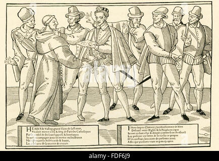 Henri III ruled France from 1574 until his death 1589, and he was the last in the Valois dynasty. A Dominican friar named Jacques Clement, who was seen as a religious fanatic, assassinated Henri. Henri of Navarre succeeded him. This illustration shows Henri III accepting from Clement what was supposed to be a secret message. As Clement hands the message over, he thrusts his knife into Henri's stomach. Henri's attendants kill Clement immediately. This print is from Rec. de l'Histoire de France 1589-1590. Stock Photo