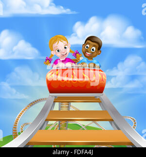 Cartoon boy and girl kids riding on a roller coaster ride at a theme park or amusement park Stock Photo