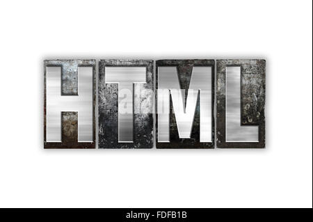 The word "HTML" written in vintage metal letterpress type isolated on a white background. Stock Photo