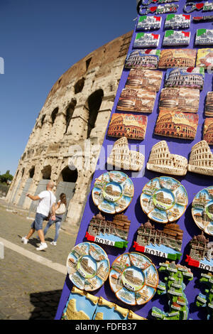 Souvenir stall at the Colosseum or Flavian Amphitheatre, Rome, Italy. Stock Photo