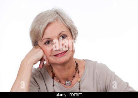 Isolated senior woman smiling. Happy face of old lady Stock Photo