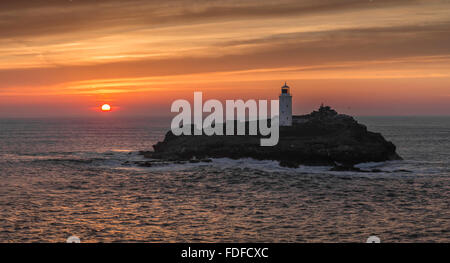 Sunset, Godrevy Lighthouse, St Ives Bay, Cornwall, UK Stock Photo