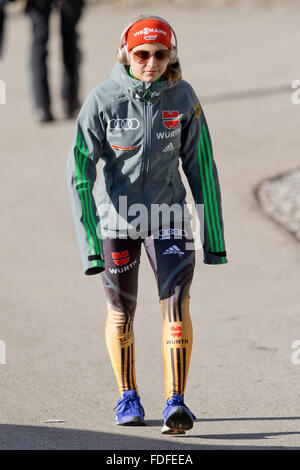 Oberstdorf, Germany. 30th January, 2016. Germany's Gianina Ernst warms up at the individual normal hill event at the FIS women's ski jumping world cup in Oberstdorf, Germany, 30 January 2016. Photo: DANIEL KARMANN/dpa/Alamy Live News Stock Photo