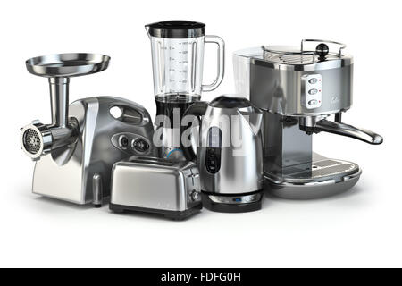 Metallic kitchen appliances. Blender, toaster, coffee machine, meat ginder and kettle isolated on white. 3d Stock Photo