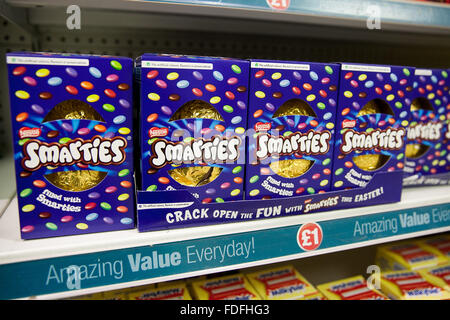 Smarties Easter Eggs on sale in Poundland as they are already one step ahead by selling Easter eggs Stock Photo