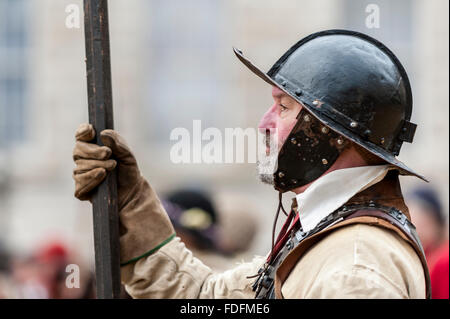 London, UK. 31st January, 2016. Members of The English Civil War Society, gather in Horse Guards Parade to bring to life The King's Army (the Royalist half of the English Civil War Society) as they retrace the route taken by King Charles I from St James Palace to the place of his execution at the Banqueting House in Whitehall. Credit:  Stephen Chung / Alamy Live News Stock Photo