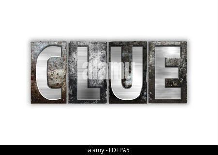 The word "Clue" written in vintage metal letterpress type on an aged