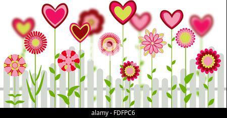 flowers with heart shapes with fence. abstract retro love greeting card. vector Stock Vector