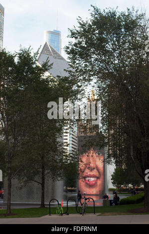 Chicago, Illinois, United States of America: skyline and Crown Fountain by Catalan artist Jaume Plensa in Millennium Park Stock Photo