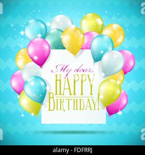 happy birthday card with balloons and sparkles on blue background Stock Vector