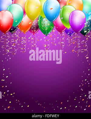 festive colorful balloons as top border with confetti background. space for text. vertical background Stock Vector