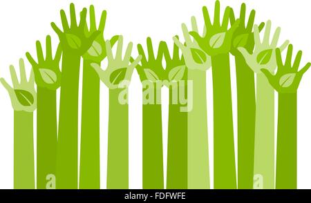 abstract illustration with raising hands with a leaf symbol. eco friendly design template. care of environment volunteer concept Stock Vector