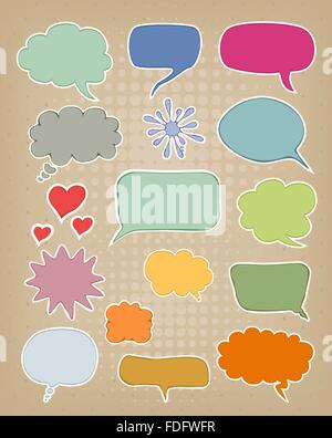 set of multicolored speech bubbles on brown carton background Stock Vector