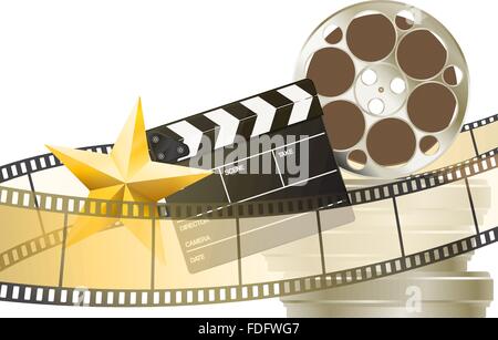 cinema background with retro filmstrip, clapper and star isolated on white Stock Vector