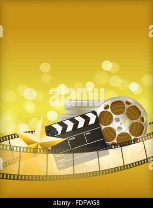 cinema golden background with retro filmstrip, clapper and star Stock Vector