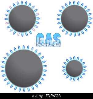 set of kitchen gas burners with blue flames on white. vector Stock Vector