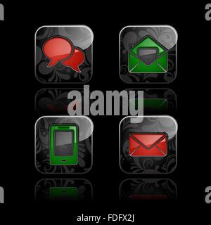 Set of communication icons. Glossy floral button with refection on black background Stock Vector