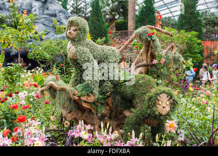 Monkey shaped topiary art celebrating the Chinese New Year of the Monkey in the Flower Dome at the Gardens by the Bay, Singapore Stock Photo