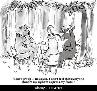 Stock market cartoon.  The bull and bear are in group therapy, but the bear is afraid to express his fears. Stock Photo