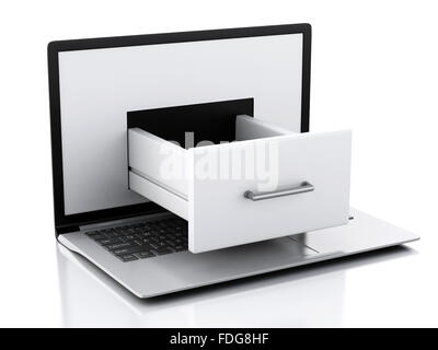 image of 3d renderer illustration. Laptop with File cabinet. Data storage. Isolated white background Stock Photo