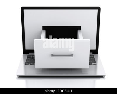 image of 3d renderer illustration. Laptop with File cabinet. Data storage. Isolated white background Stock Photo