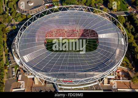 Aerial view, Bayer 04 Leverkusen, BayArena, the stadium of the football club Bayer 04 Leverkusen, look at the grandstands moment Stock Photo