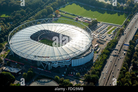 Aerial view, Bayer 04 Leverkusen, BayArena, the stadium of the football club Bayer 04 Leverkusen, look at the grandstands moment Stock Photo