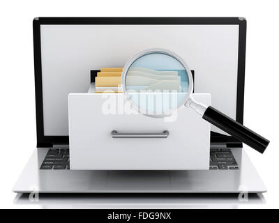 image of 3d renderer illustration. Laptop and files. Data storage. Isolated white background Stock Photo