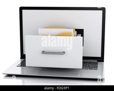 image of 3d renderer illustration. Laptop and files. Data storage. Isolated white background Stock Photo