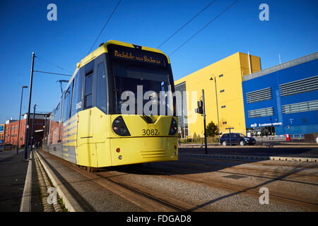 Ikea Ashton-under-Lyne store with a Metrolink tram passing   Tram metrolink light rail rapid commuters transportation units mode Stock Photo