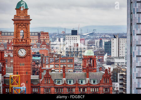 Manchester skyline    Palace Hotel clock tower and there MCFC stadium The City of Manchester Stadium Etihad Stadium apartment bu Stock Photo