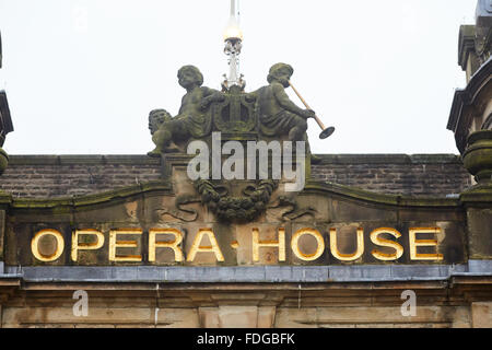 Buxton Opera house signage on building carved gold letters cherubs  landmark  Historic history important significant     UK Grea Stock Photo