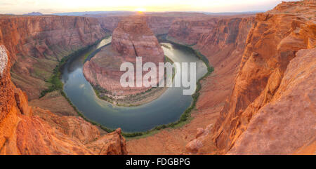 Panoramic overview of Horseshoe Bend near Page, Arizona at sunset