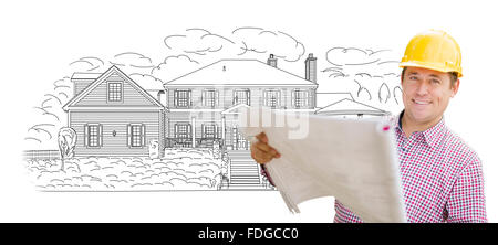 Smiling Contractor Holding Blueprints Over Custom Home Drawing Stock Photo